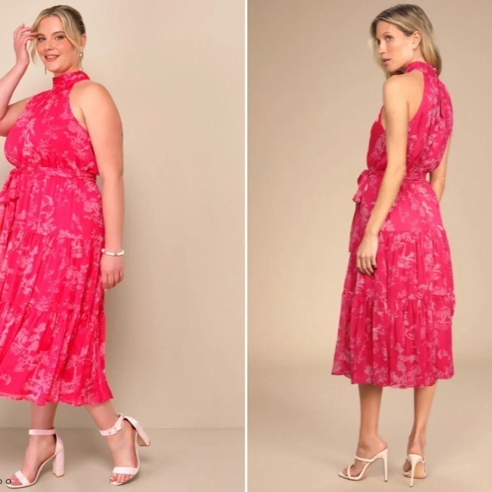 LULU's Floral Sexy Flowy Chic Halter Neck Modern Hot Pink Midi Dress NWOT - Picture 4 of 6